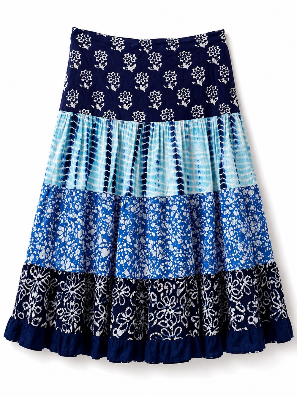Blue Patchwork Floral Block Print Shibori Tie Dye Midi Skirt L - Picture 2 of 7